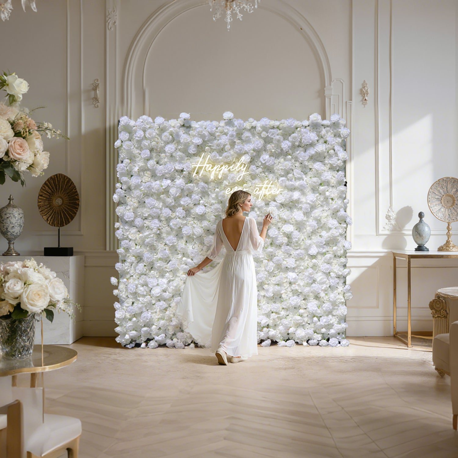 Aliflowers 5D White Rose & Hydrangea Rolling Curtain Flower Wall Backdrop ALFWL130