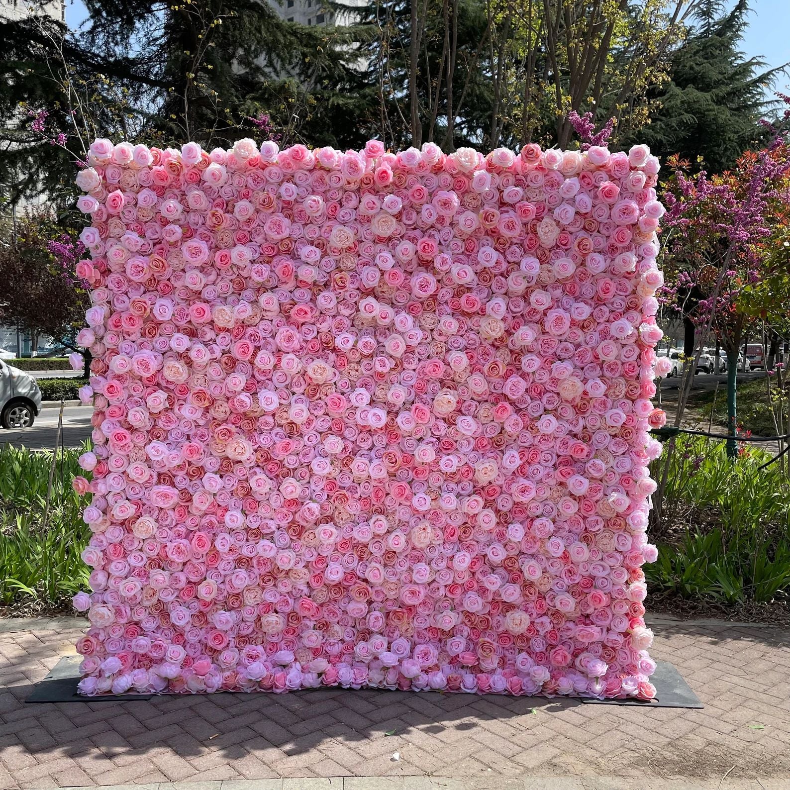 Ali Flowers 3D Artificial Silk Roll Up Cloth Flower Row Wall Pink Rose Wedding Backdrop ALFWL007 - Ali Flowers