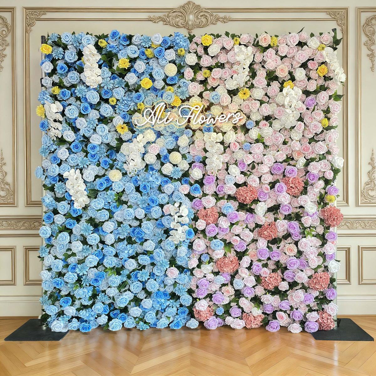 Aliflowers 5D Blue And Pink Rose And Hydrangea Floral Wall Backdrop, Suitable for Wedding Decoration ALFWL199