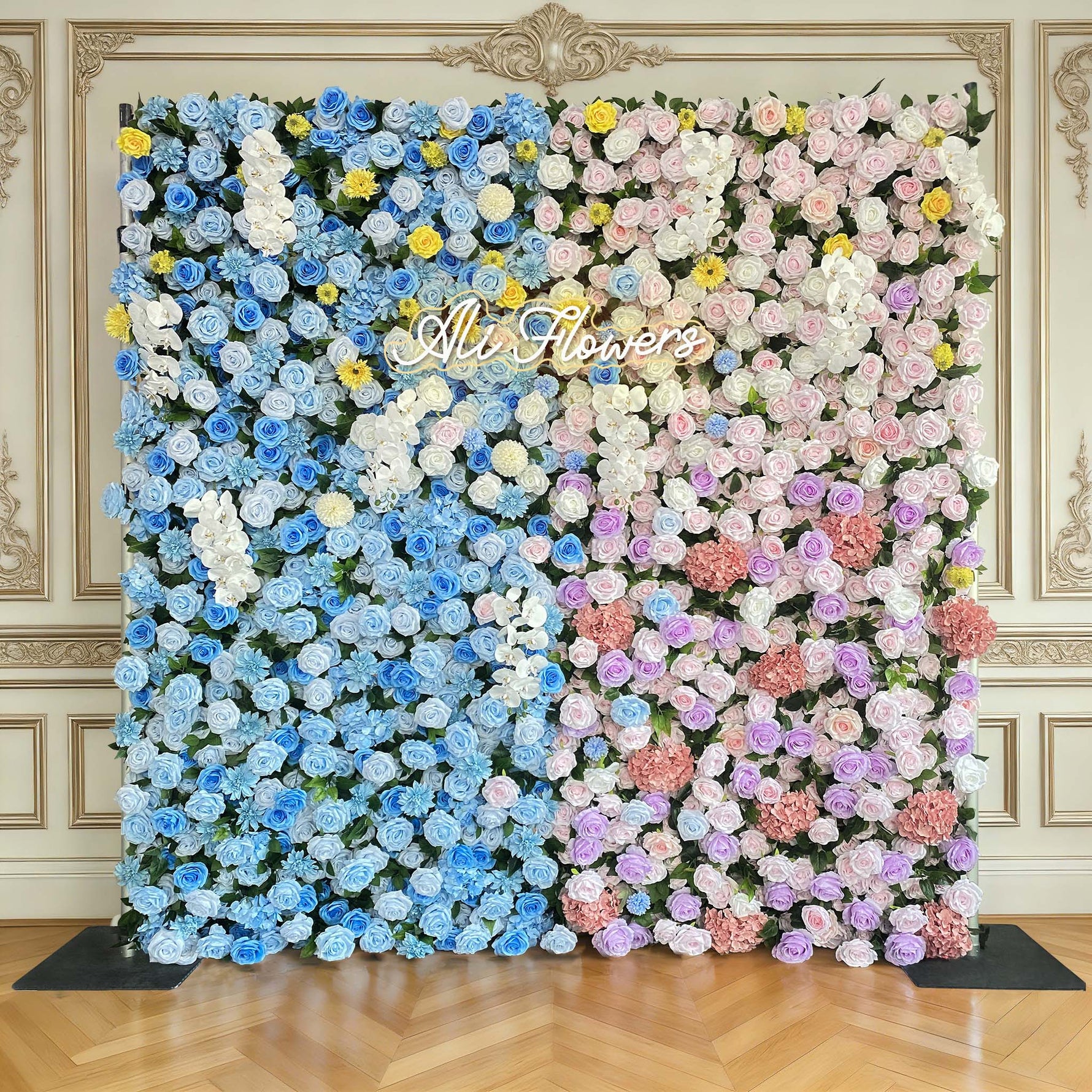 Aliflowers 5D Blue And Pink Rose And Hydrangea Floral Wall Backdrop, Suitable for Wedding Decoration ALFWL199