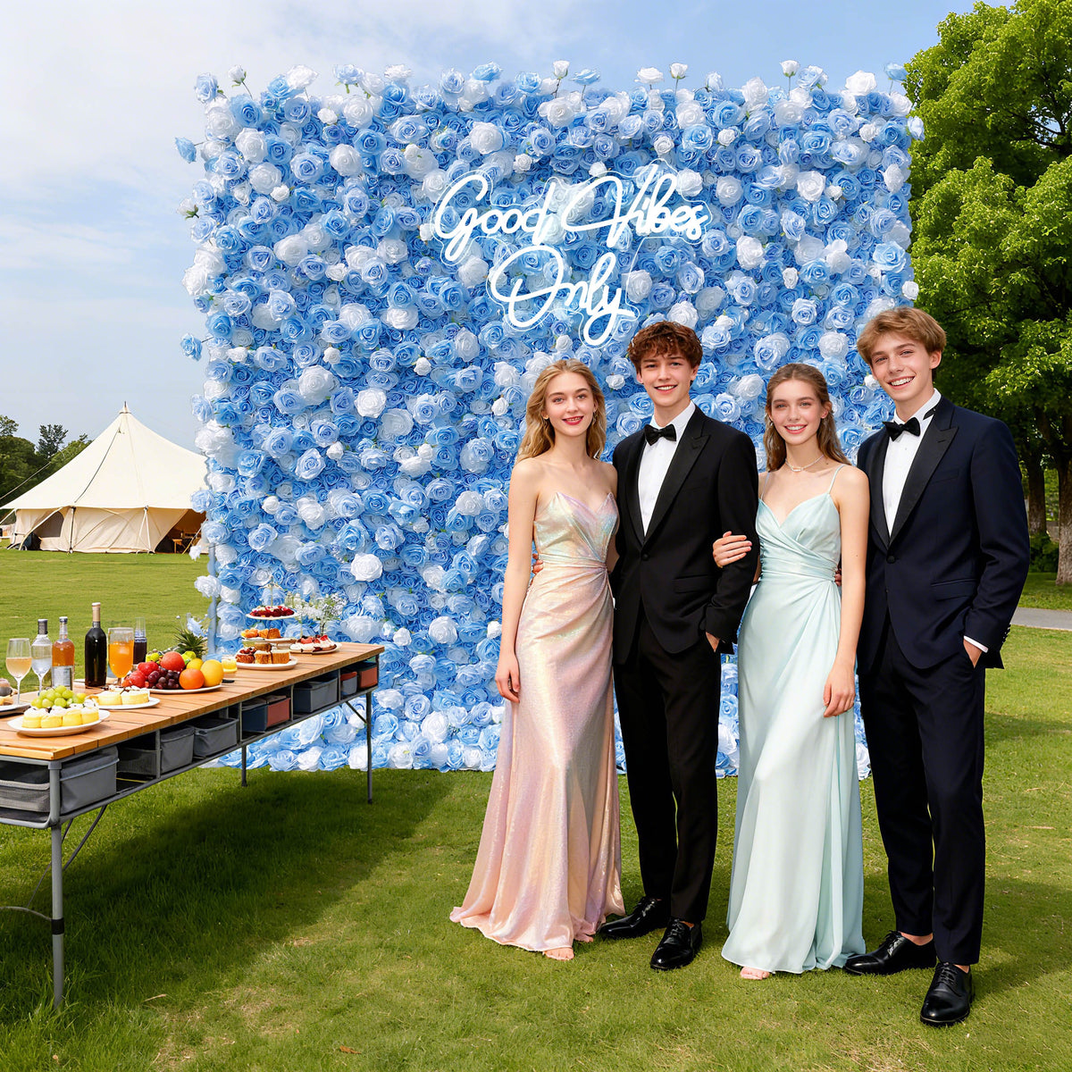 Aliflowers 5D Sky Blue with White Rose Roll Up Flower Wall Curtain Event Party Wedding Backdrop Decor ALFWL035 - Ali Flowers