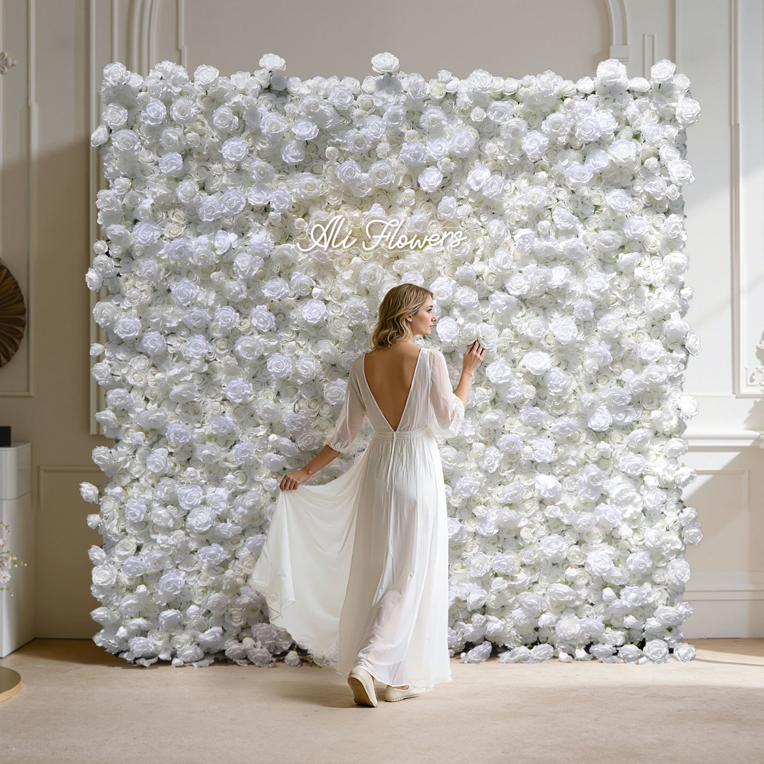 Aliflowers 5D White Rose & Hydrangea Rolling Curtain Flower Wall Backdrop ALFWL130