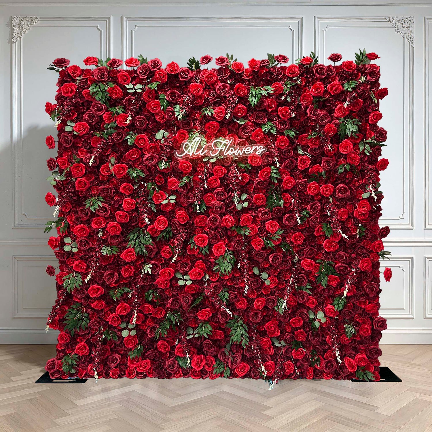 Aliflowers 5D Burgundy Mixed with Red Rose with Leaves Flower Wall for Wedding ALFWL030