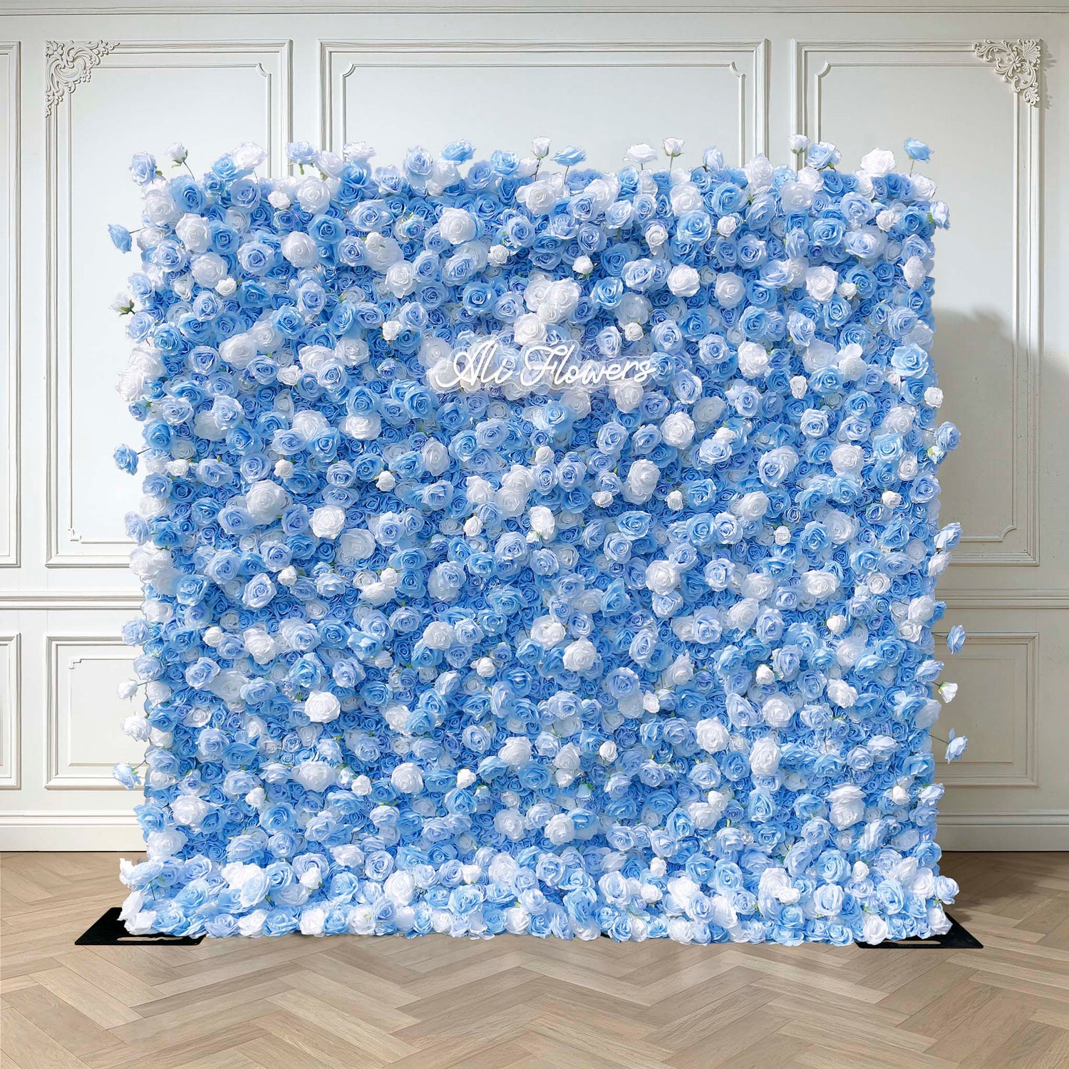 Aliflowers 5D Sky Blue with White Rose Roll Up Flower Wall Curtain Event Party Wedding Backdrop Decor ALFWL035 - Ali Flowers
