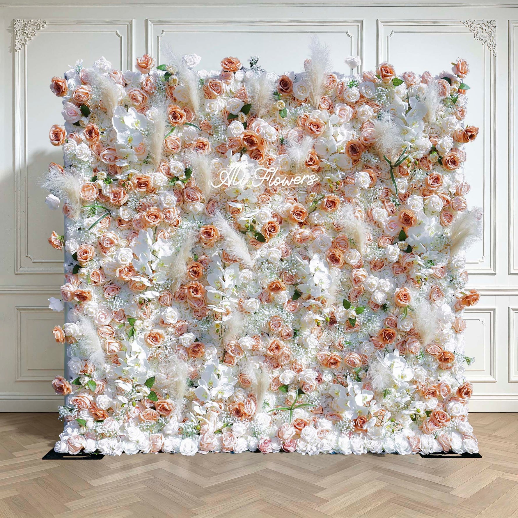Aliflowers 5D Champagne Rose with Pampas grass Fabric Artificial Flower Wall ALFWL038 - Ali Flowers