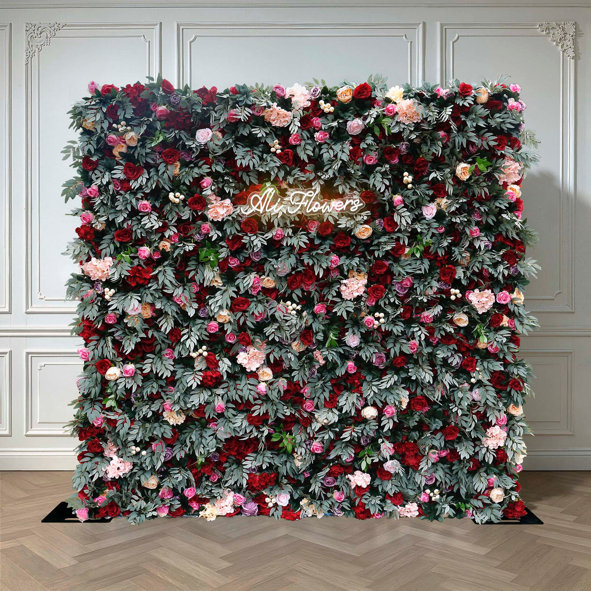 Aliflowers Red Rose with Green Plant Wedding Fabric Flower Wall ALFWL062 - Ali Flowers