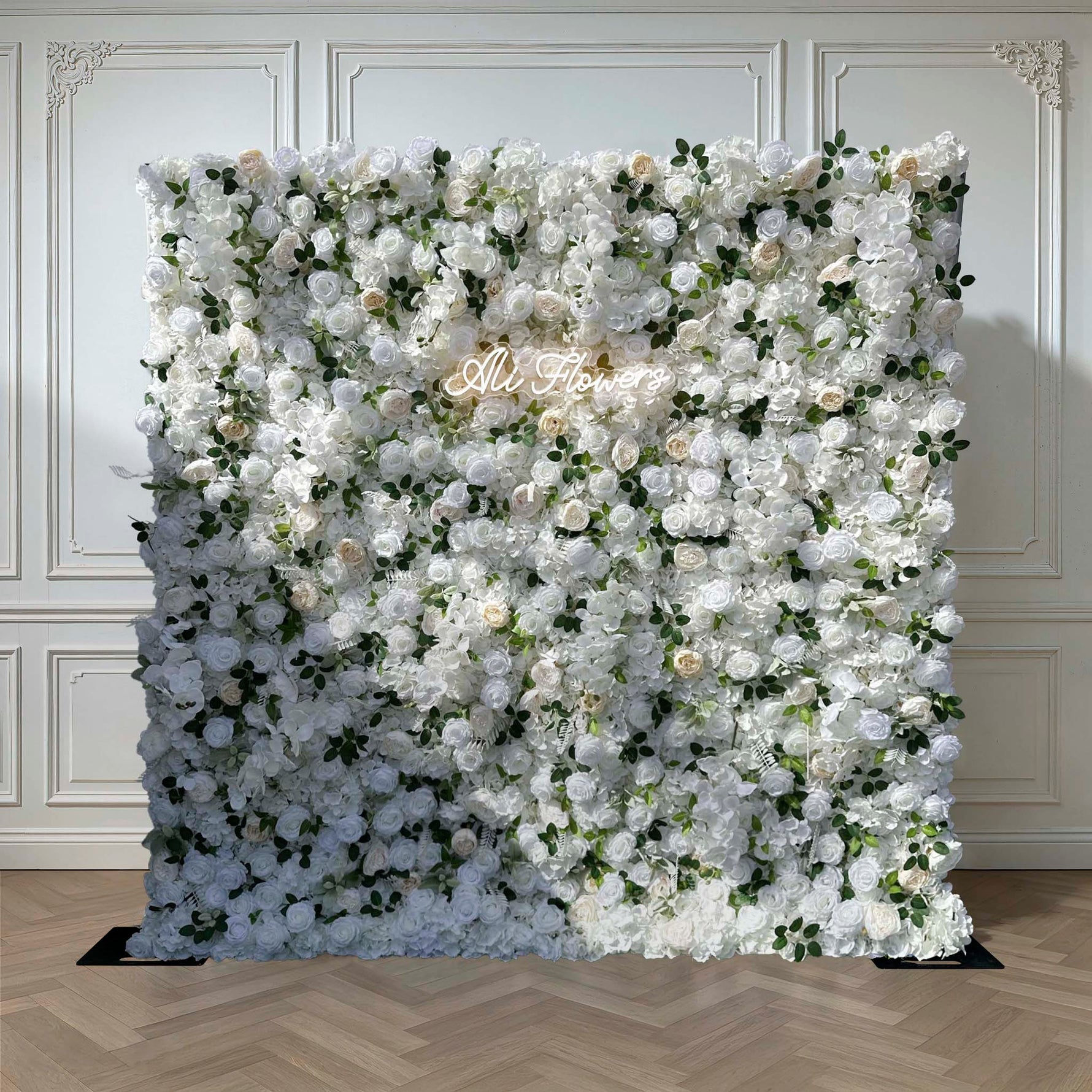 Aliflowers White Rose Green Leaf Premium Fabric Flower Wall Decoration ALFWL179 - Ali Flowers