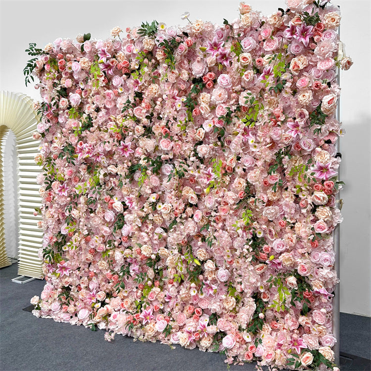 5D Pink Lily Rose Roller Blind Flower Wall Outdoor Wedding Background Decoration