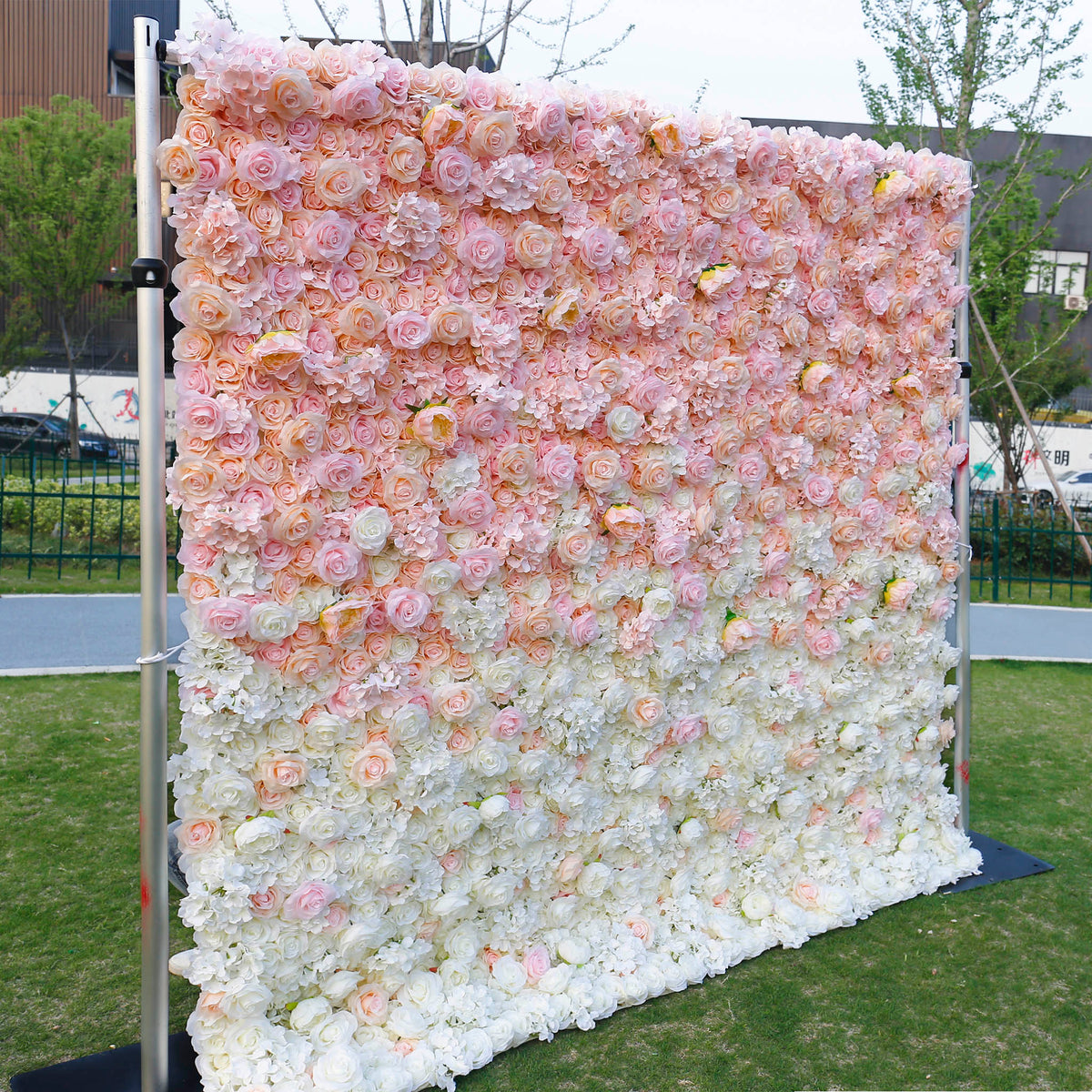 Gradient pink and white artificial flower wall bridal shower decoration photo background