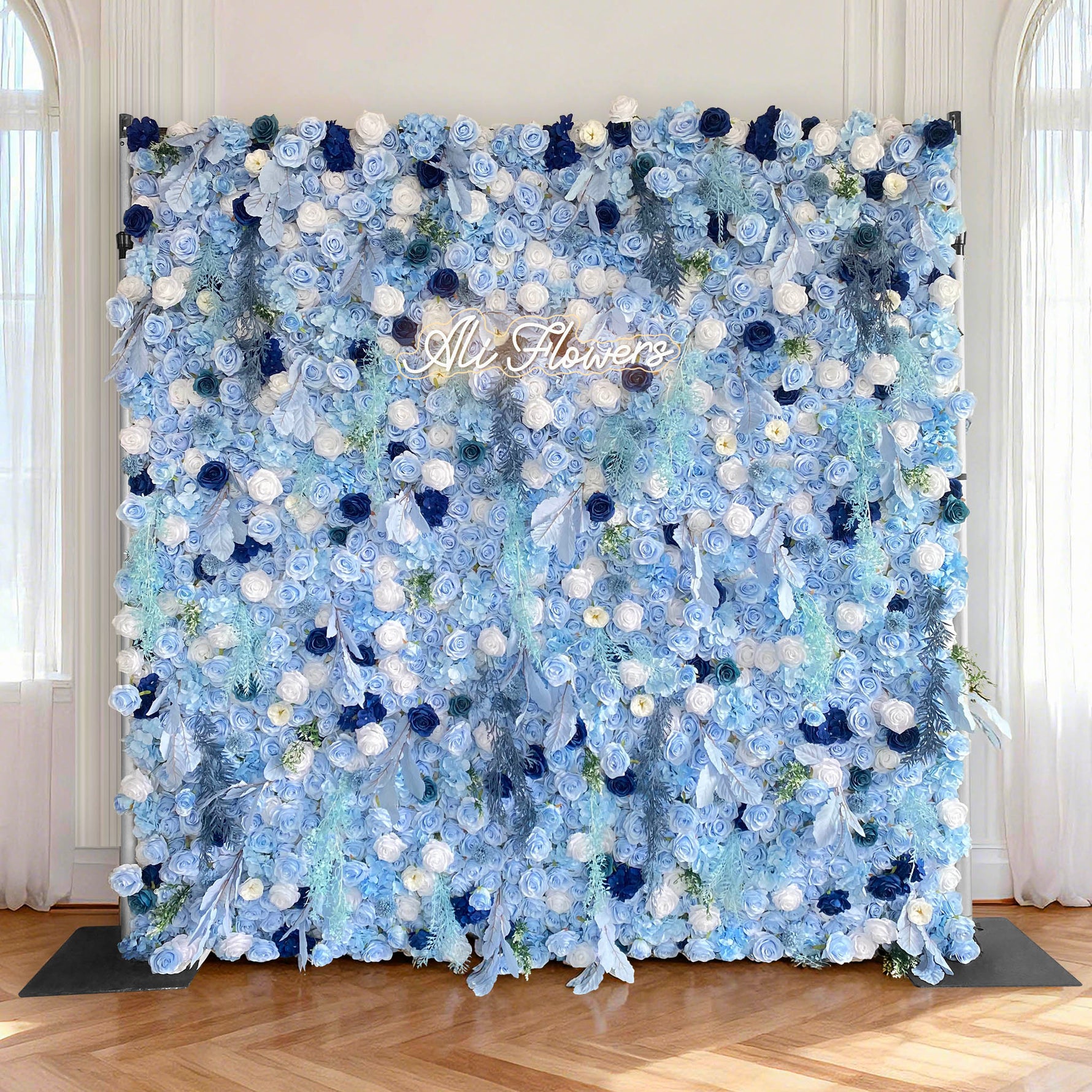 Aliflowers LIght Blue White Rose Roll Up Silk Flower Wall Backdrop for Wedding Decoration
