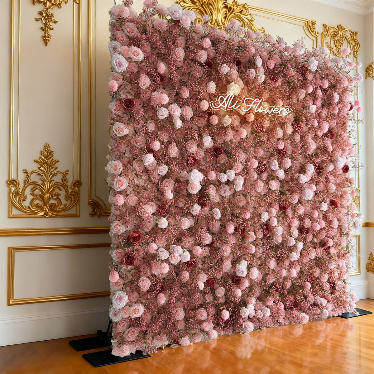 Aliflowers 3D Pink Rose and Baby's Breath Floral Fabric Wedding Backdrop Wall
