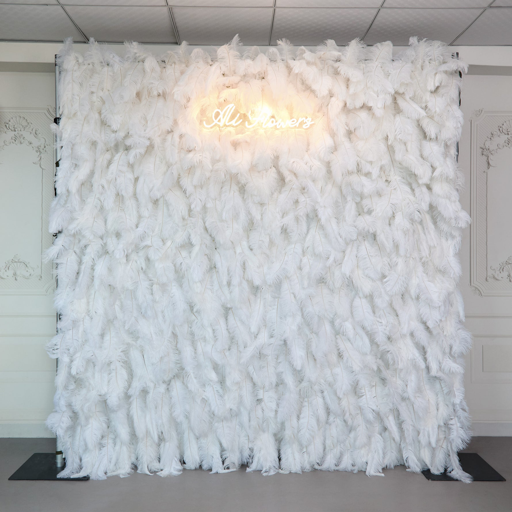 Aliflowers White Feather Wall Backdrop Wedding Decoration Roll Up Cloth White Ostrich Feather Wall ALFWL008