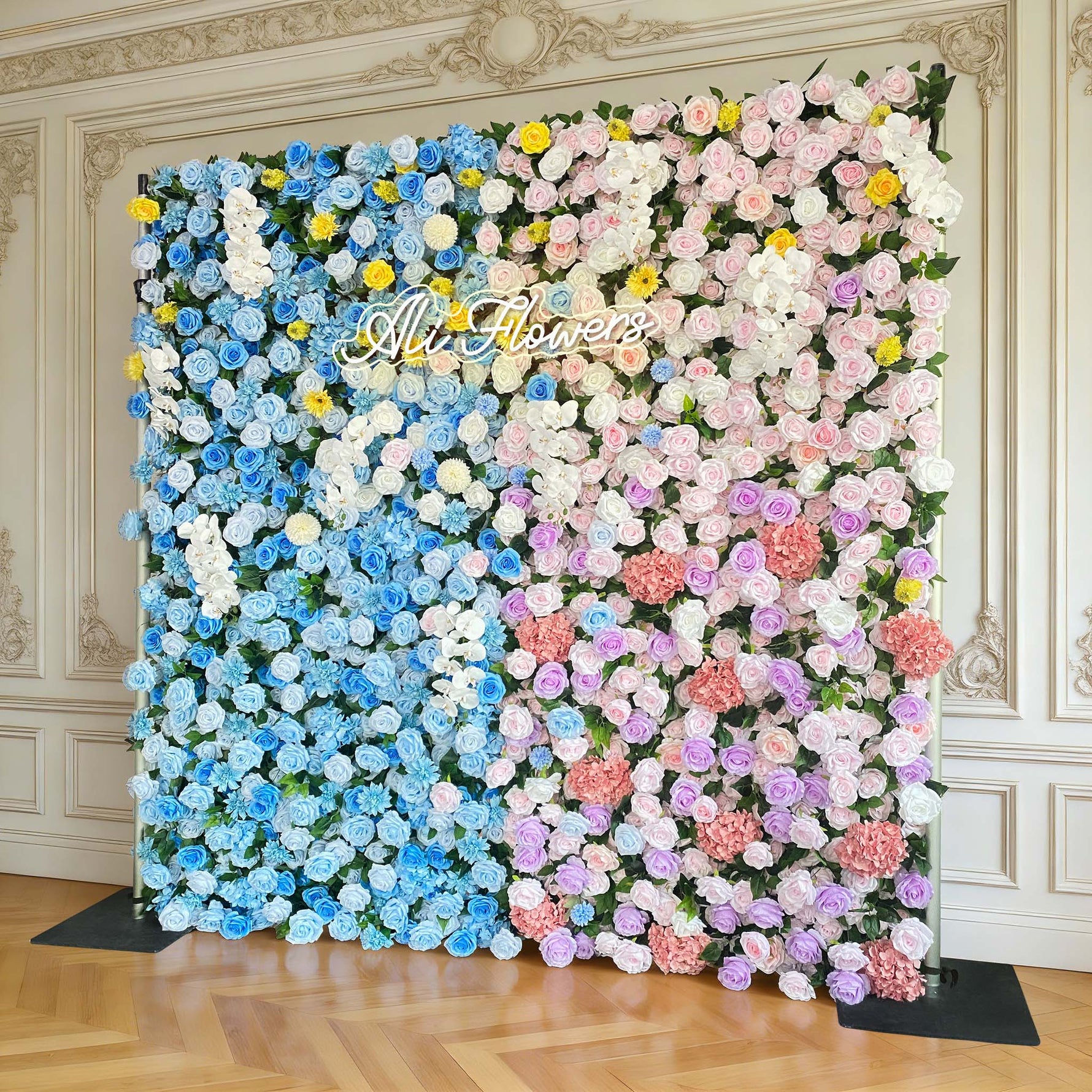 Aliflowers 5D Blue And Pink Rose And Hydrangea Floral Wall Backdrop, Suitable for Wedding Decoration ALFWL199