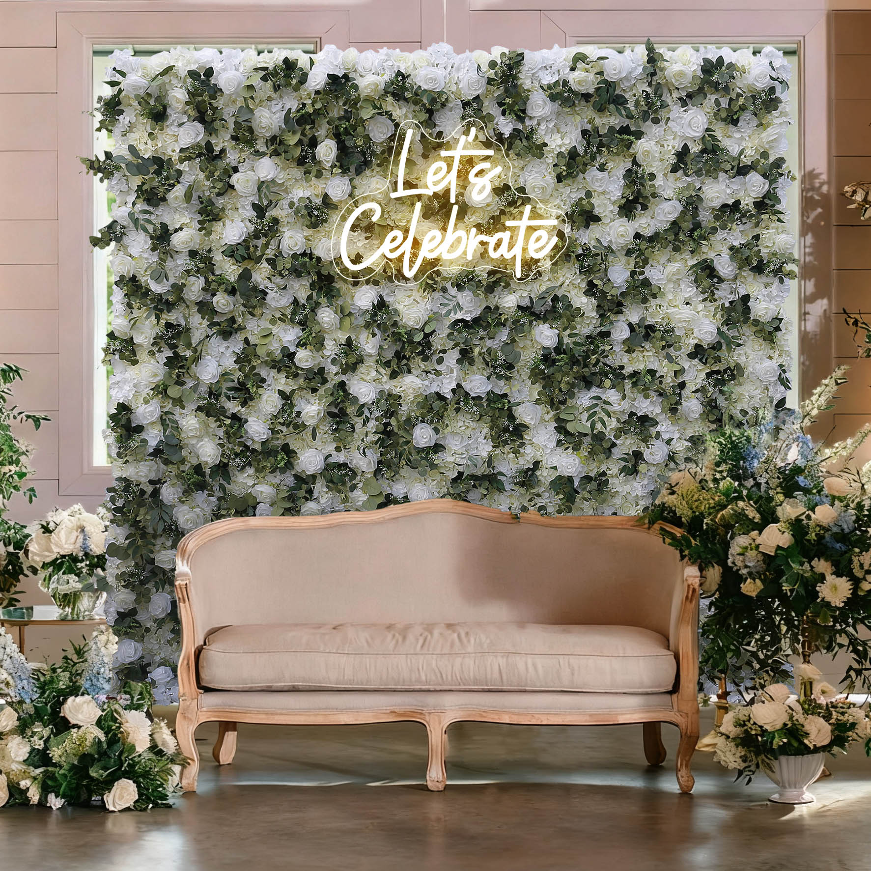 Aliflowers Cream Rose with Green Leaves Wall of Flower Wedding Backdrop ALFWL138- Ali Flowers