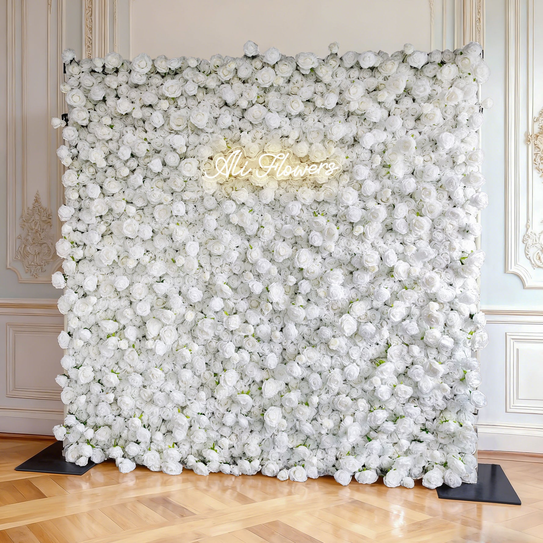 3D Customize Roll Up Cloth White Floral Wall Wedding Backdrop wall ALFWL069 - Ali Flowers
