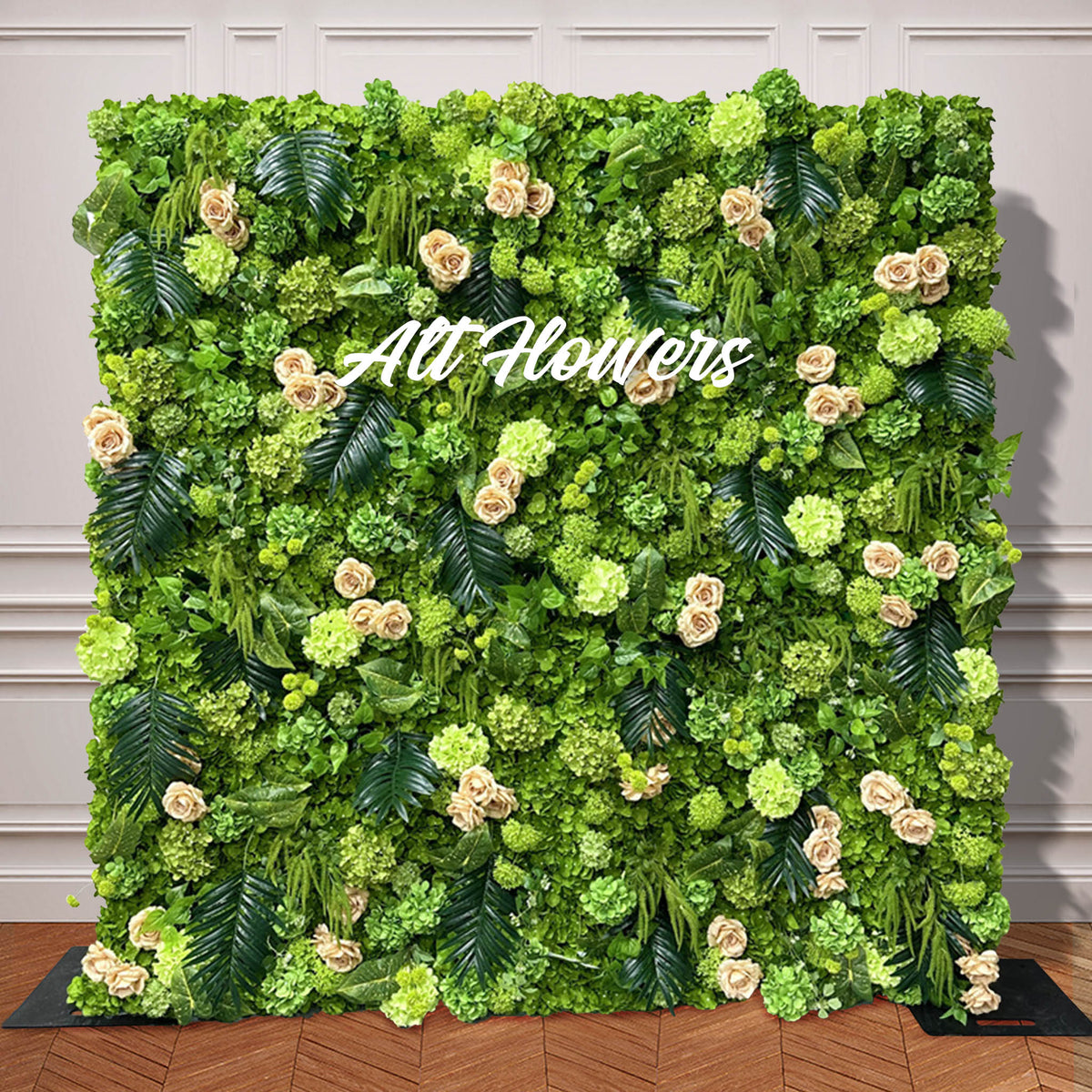 Green turtle leaf with hydrangea event party simulation background flower wall