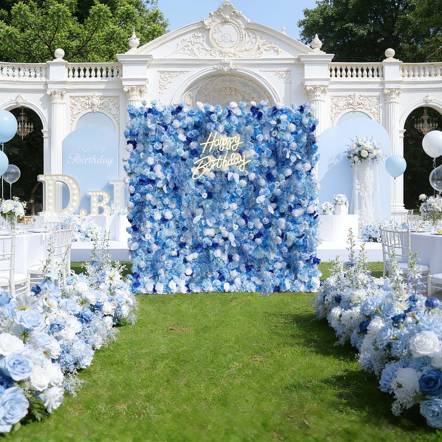 Blue Flowers with White Mist Grass 5D Artificial Floral Wall for Wedding ALFWL034 - Ali Flowers