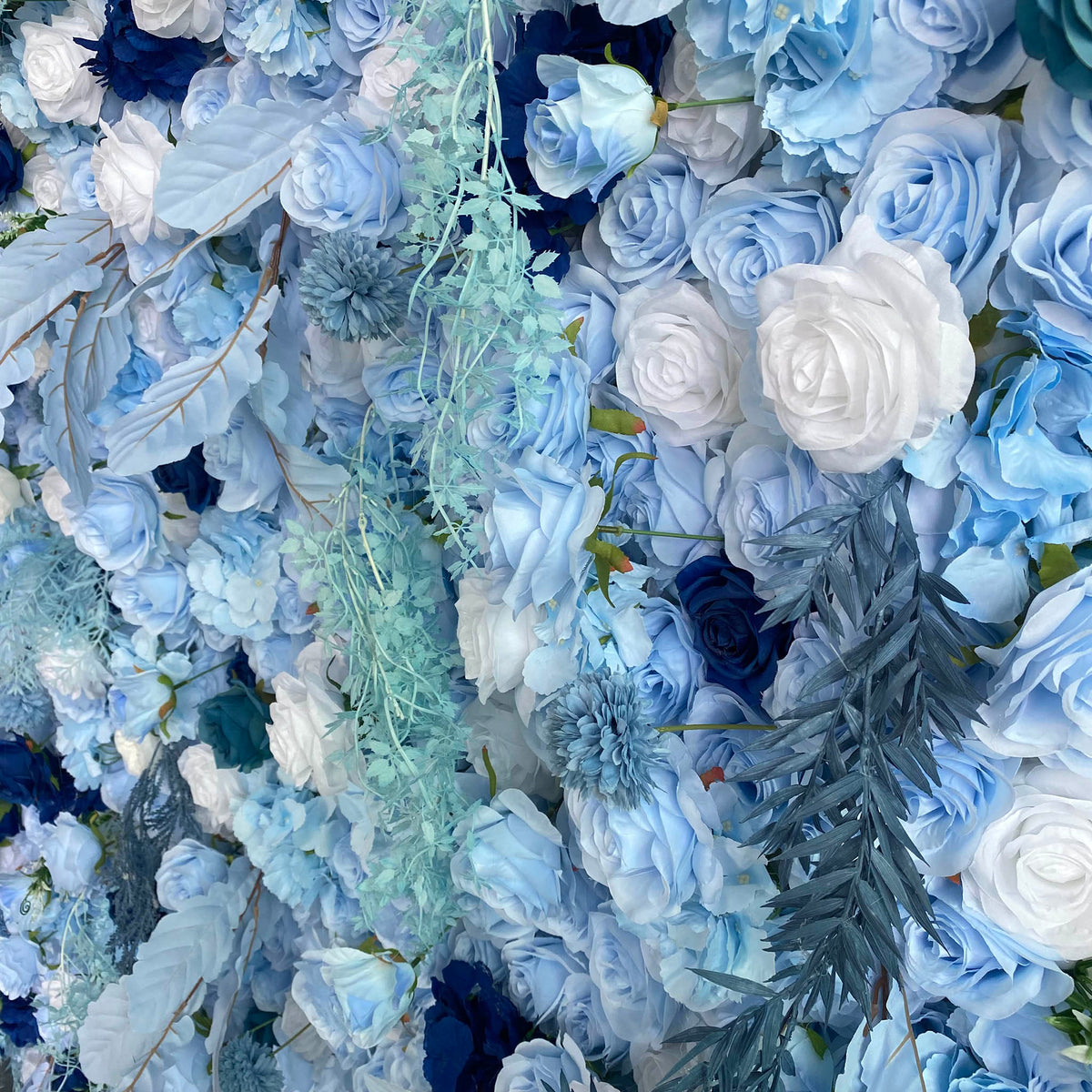 Aliflowers LIght Blue White Rose Roll Up Silk Flower Wall Backdrop for Wedding Decoration