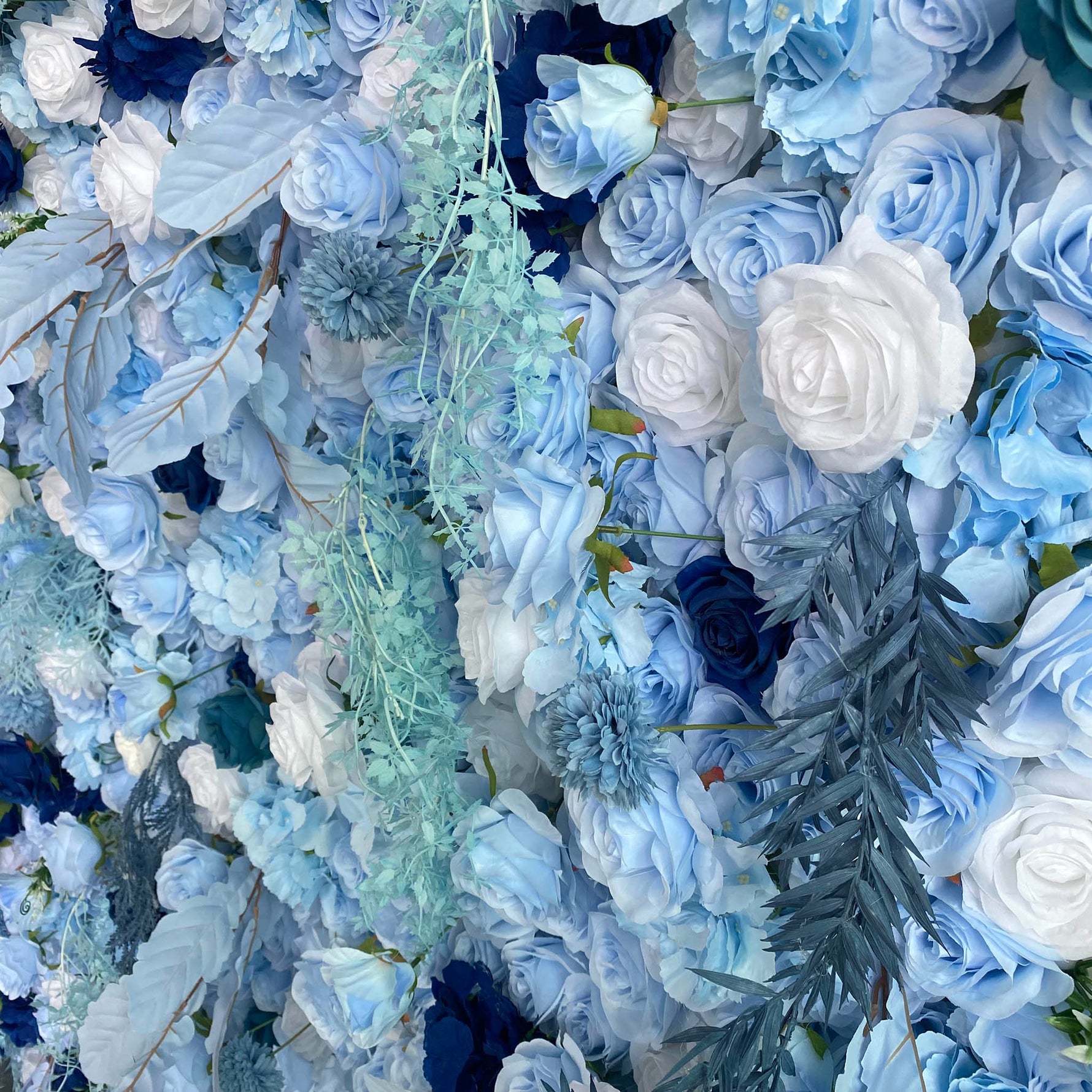 Aliflowers LIght Blue White Rose Roll Up Silk Flower Wall Backdrop for Wedding Decoration
