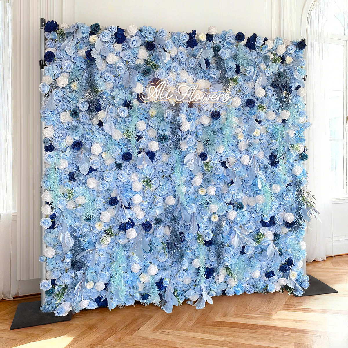 Aliflowers LIght Blue White Rose Roll Up Silk Flower Wall Backdrop for Wedding Decoration