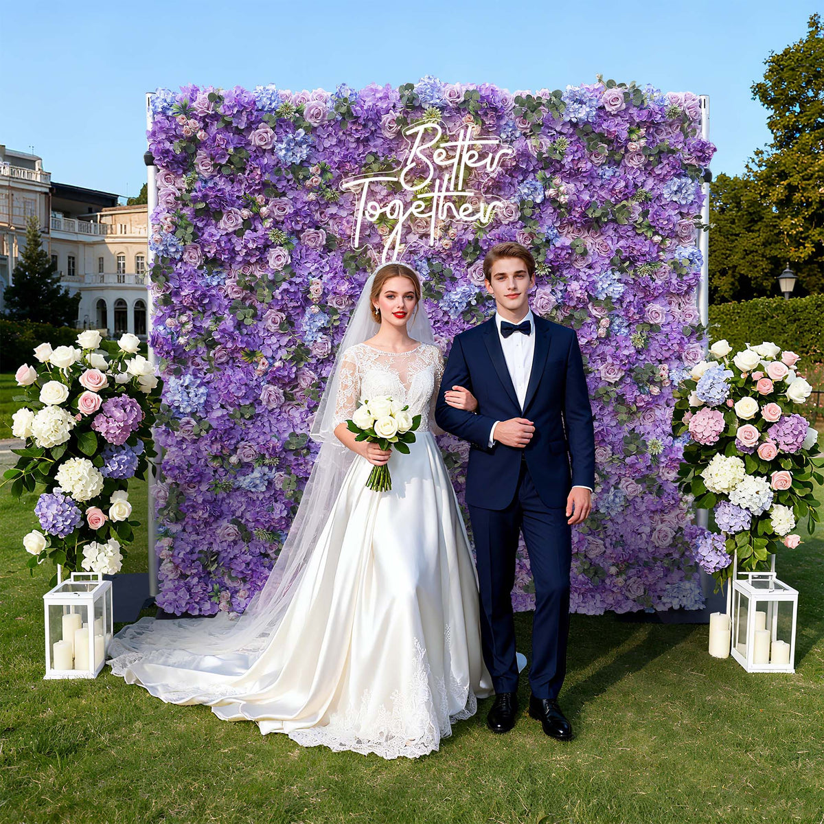 Aliflowers Lilac Hydrangea Wedding Roll up Fabric Perple Flower Wall ALFWL066 - Ali Flowers