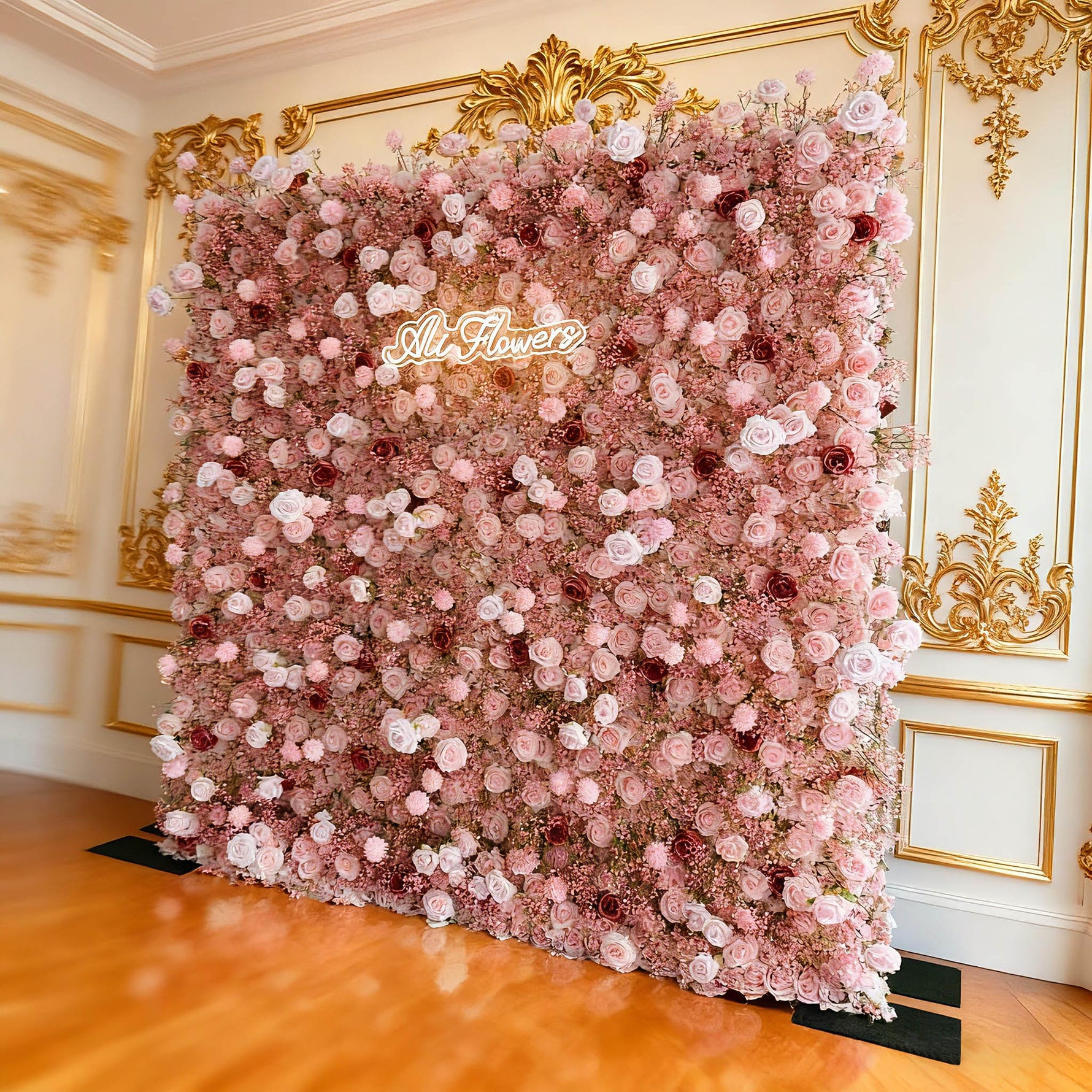 Aliflowers 3D Pink Rose and Baby's Breath Floral Fabric Wedding Backdrop Wall