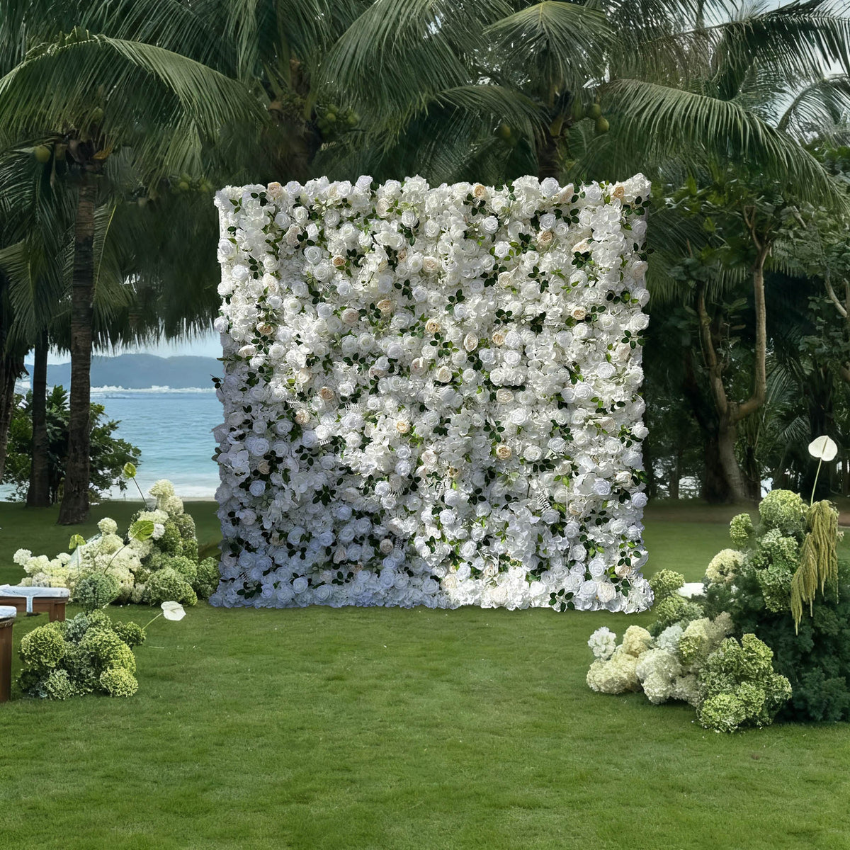 Aliflowers White Rose Green Leaf Premium Fabric Flower Wall Decoration ALFWL179